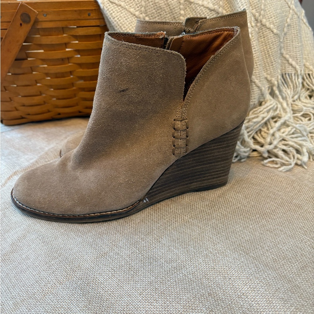 Lucky Brand suede wedge heel ankle boot.